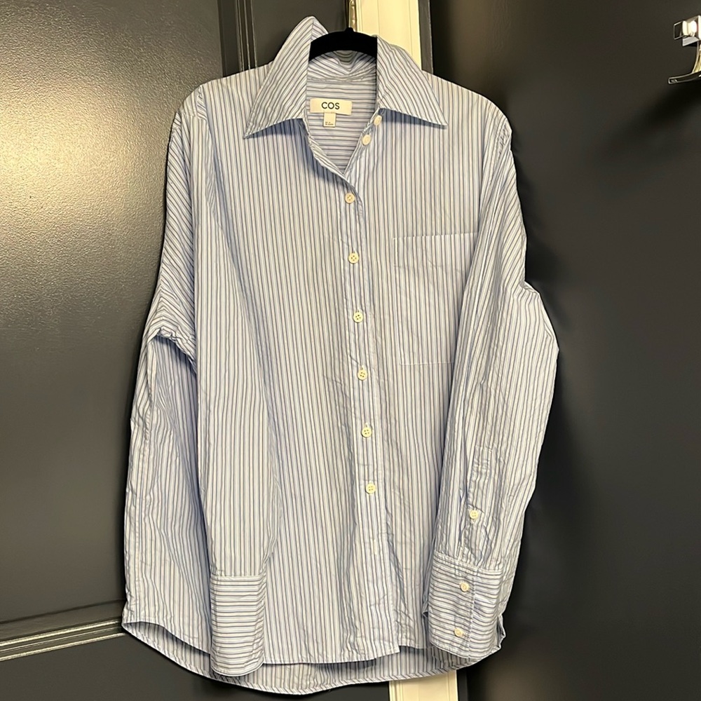 COS Big Shirt Blue Stripes Button Down with large collar and cuffs
